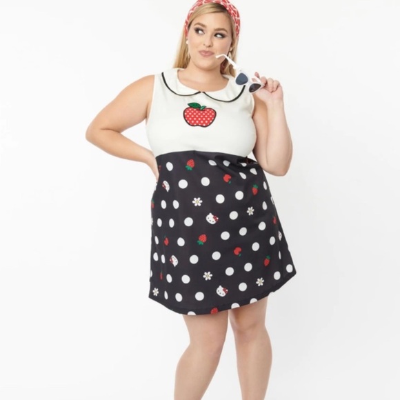 Hello Kitty x Smak Parlour White Black Apple Power Strawberries Dress NWT 2X - Picture 1 of 16